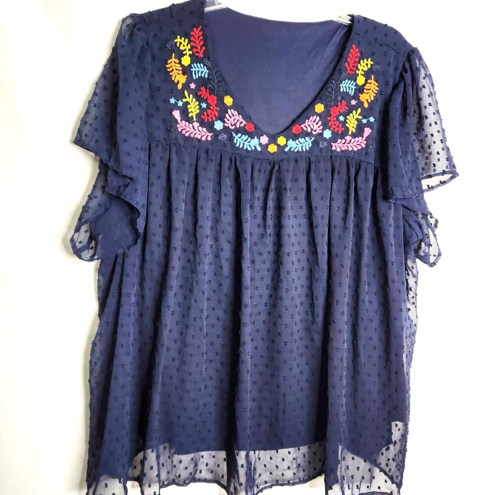 Shein Curve Top Plus Size 5XL Embroidered Blue Flutter Sleeve Lined Sheer Tufted